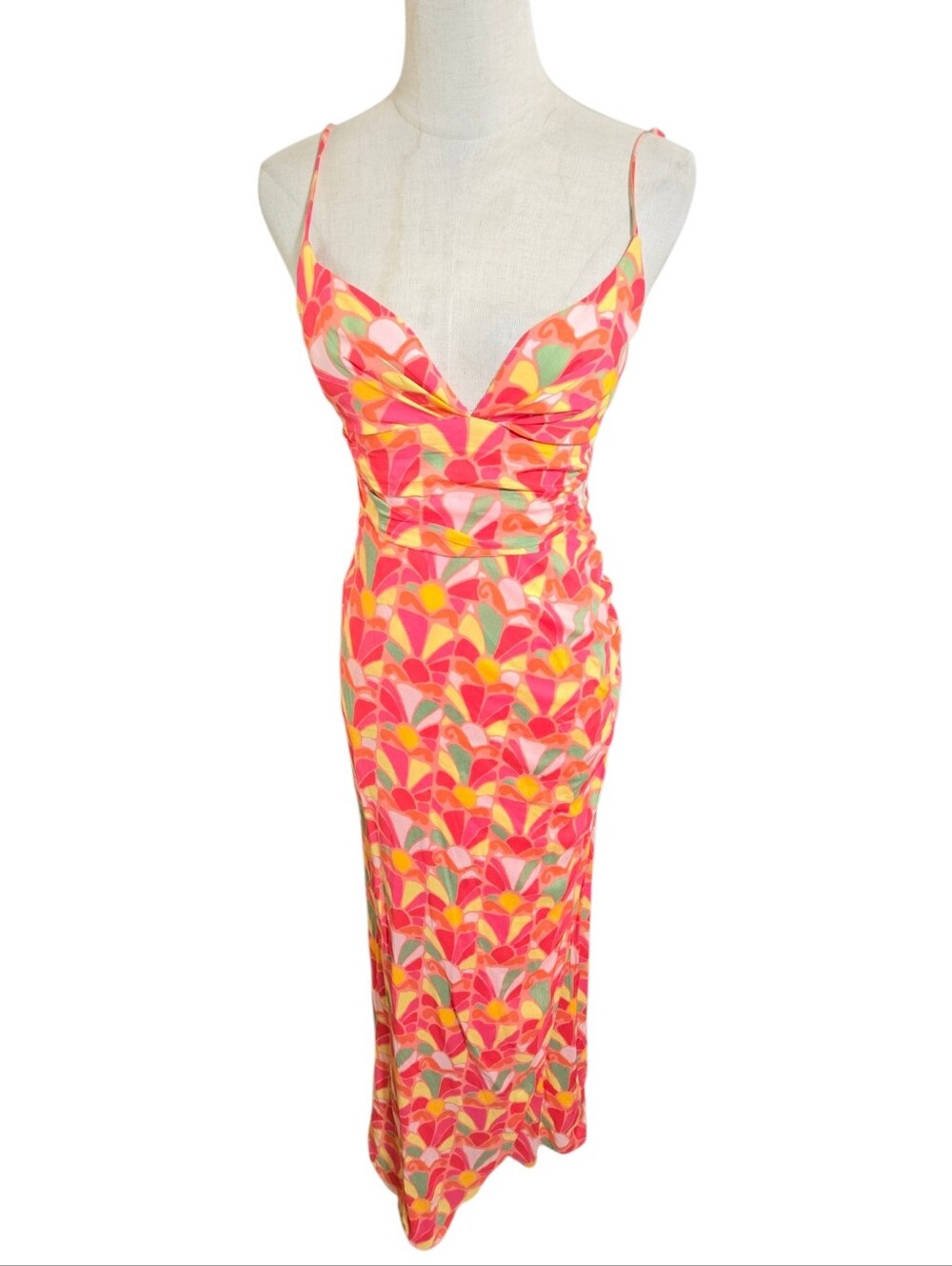 Zara Pink, Yellow & Coral Printed Spaghetti-Strap Maxi Dress